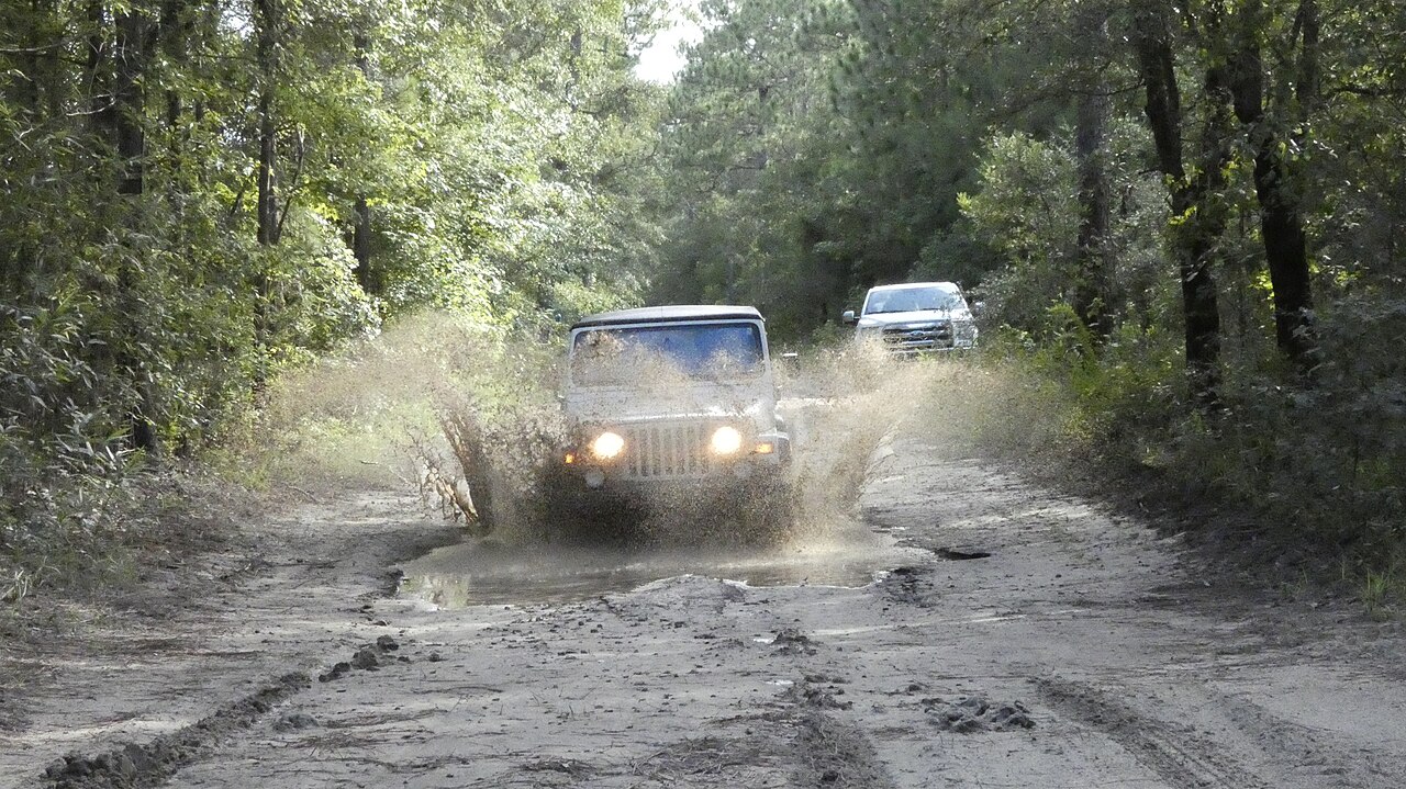 Jeep blanco con los focos encendidos cruzando un charco de barro en un camino de tierra entre árboles